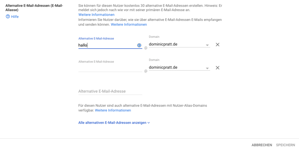 Konfiguration des Nutzer-Alias im Google Admin-Backend
